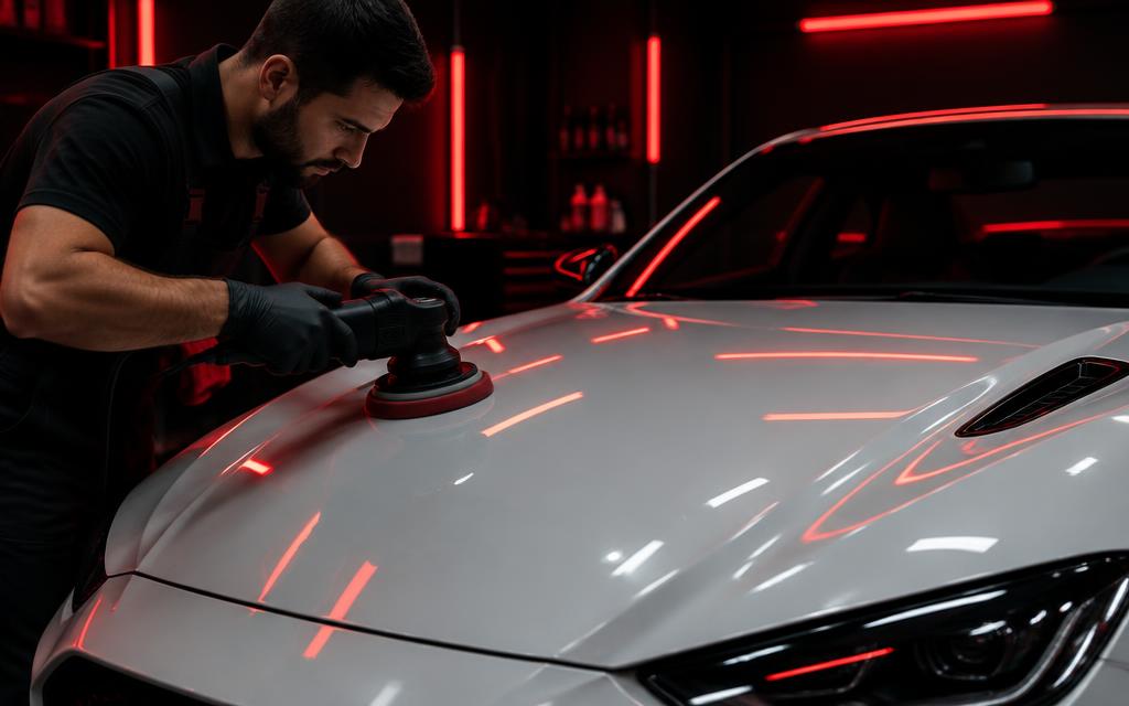 Detalle profesional puliendo el capó de un coche blanco