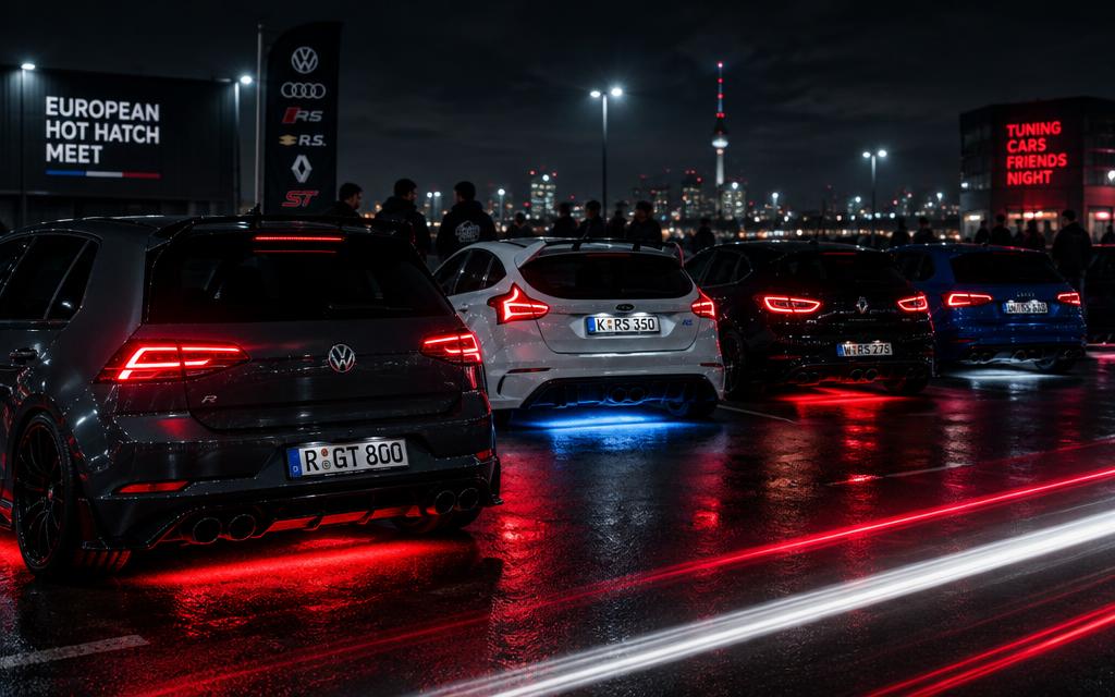 Quedada nocturna de coches tuneados con luces rojas